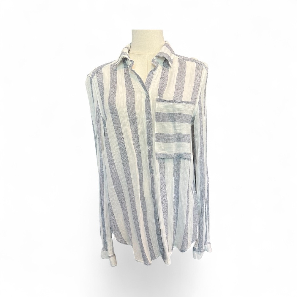 💙🤍 EUC T TAHARI White & Faded Blue Stripe Button-Up Blouse | Sz S